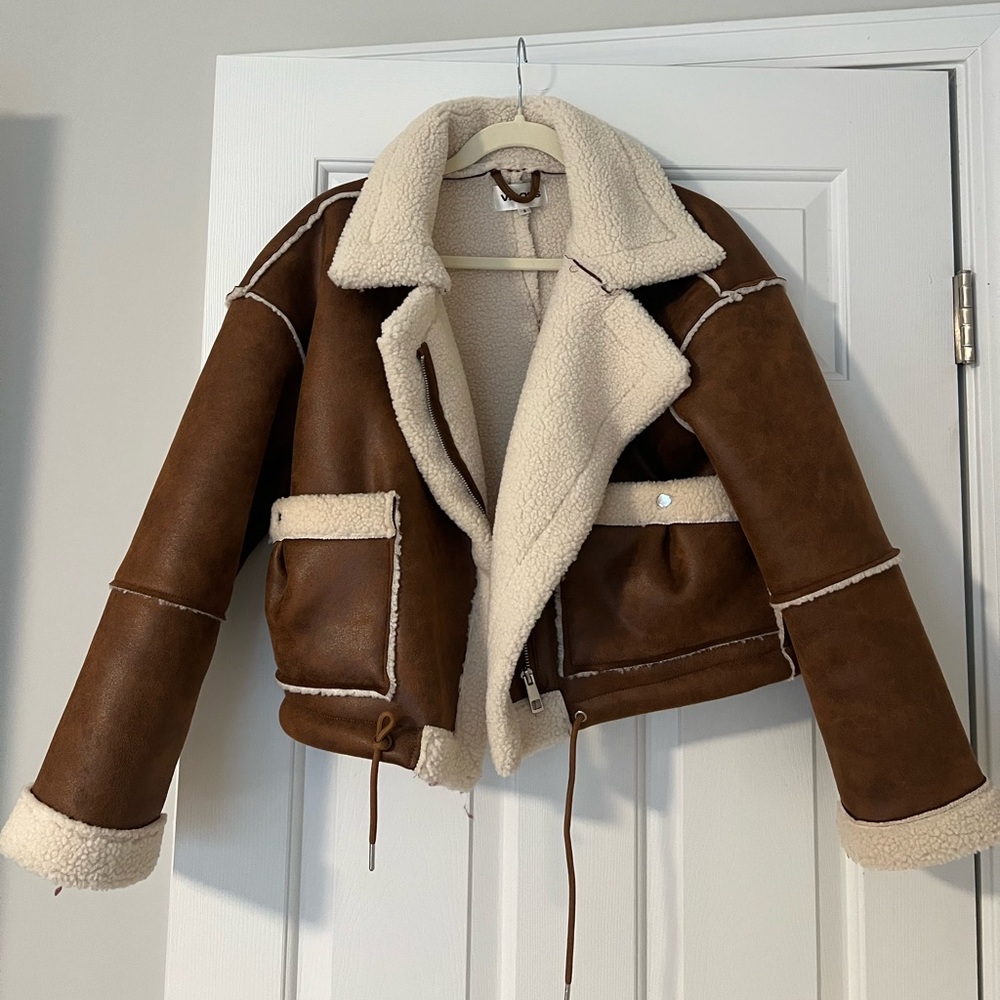 Vigoss Brown Suede Shearling Bomber Jacket with Cream Lining